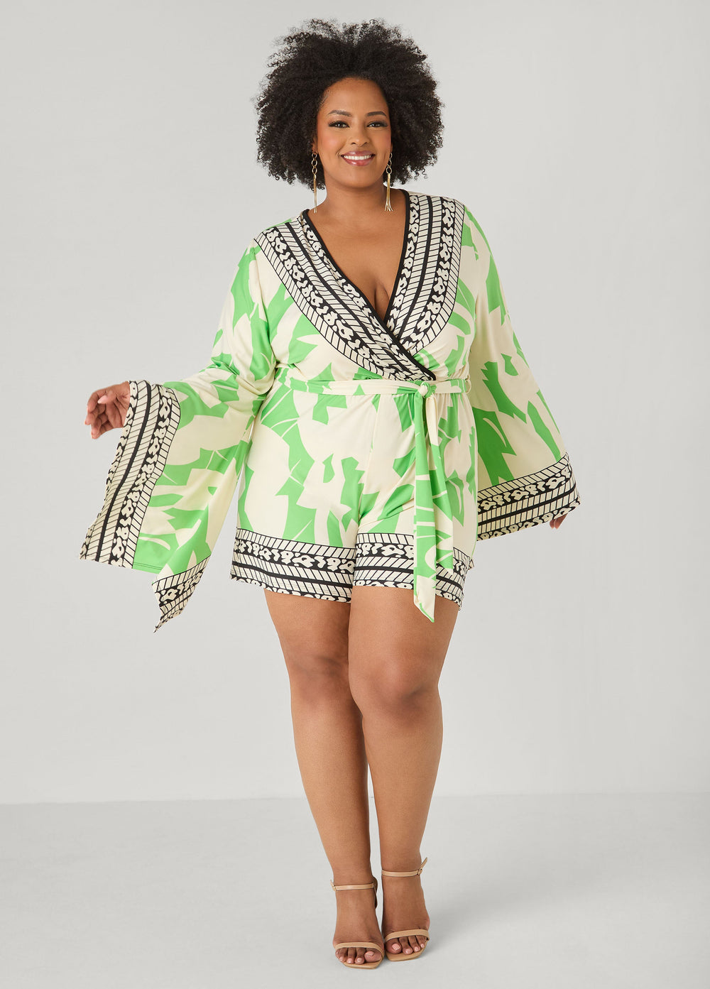 Drama Sleeved Printed Romper Bud Green | Ashley Stewart