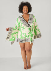 Drama Sleeved Printed Romper Bud Green | Ashley Stewart