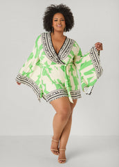 Drama Sleeved Printed Romper Bud Green | Ashley Stewart