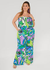 Tall Strapless Leaf Print Jumpsuit Victoria Blue | Ashley Stewart