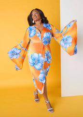 Split Sleeve Tropical Print Dress Persimmon Orange | Ashley Stewart