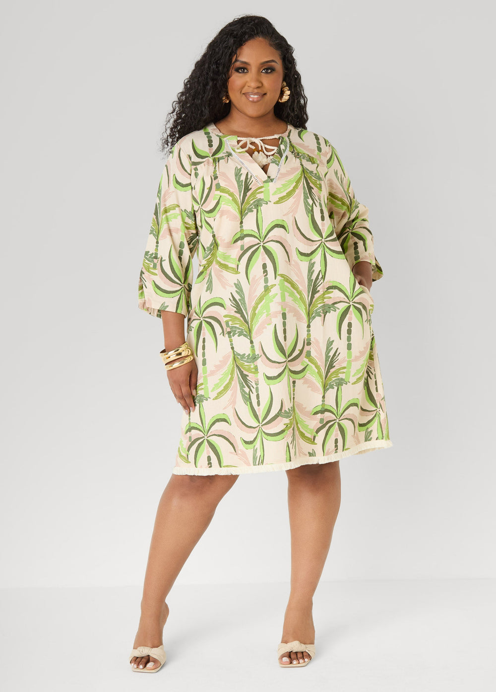 Palm Print Linen Blend Dress Olive | Ashley Stewart