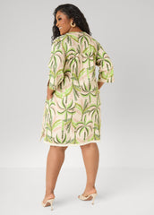 Palm Print Linen Blend Dress Olive | Ashley Stewart