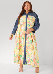Denim Paneled Printed Shirtdress Yellow | Ashley Stewart