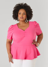 Puff Sleeved Textured Peplum Top Fandango Pink | Ashley Stewart