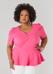 Puff Sleeved Textured Peplum Top Fandango Pink | Ashley Stewart
