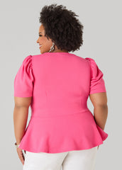 Puff Sleeved Textured Peplum Top Fandango Pink | Ashley Stewart