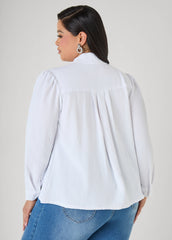 Pleated Tie Neck Shirt White | Ashley Stewart