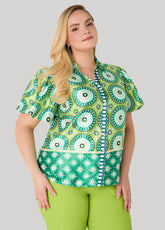 Puff Sleeved Circle Print Shirt Macaw Green | Ashley Stewart