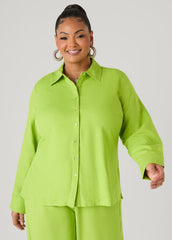 Long Sleeved Linen Blend Shirt Macaw Green | Ashley Stewart