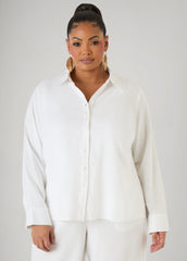 Long Sleeved Linen Blend Shirt Macaw Green | Ashley Stewart