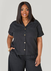 Cuffed Button Front Shirt Black | Ashley Stewart