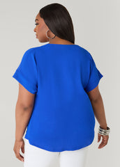 Tie Front V Neck Top Royal Blue | Ashley Stewart