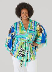 Belted Printed Satin Kimono Multi | Ashley Stewart