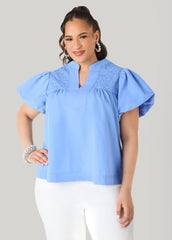 Puff Sleeve Embroidered Top Denim | Ashley Stewart