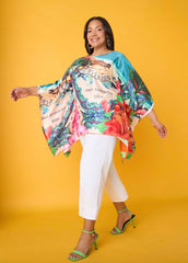 Postcard Print Satin Tunic Persimmon Orange | Ashley Stewart