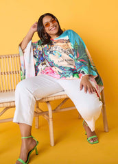 Postcard Print Satin Tunic Persimmon Orange | Ashley Stewart
