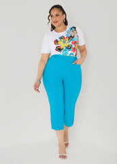Glittered Floral Print Graphic Tee White | Ashley Stewart