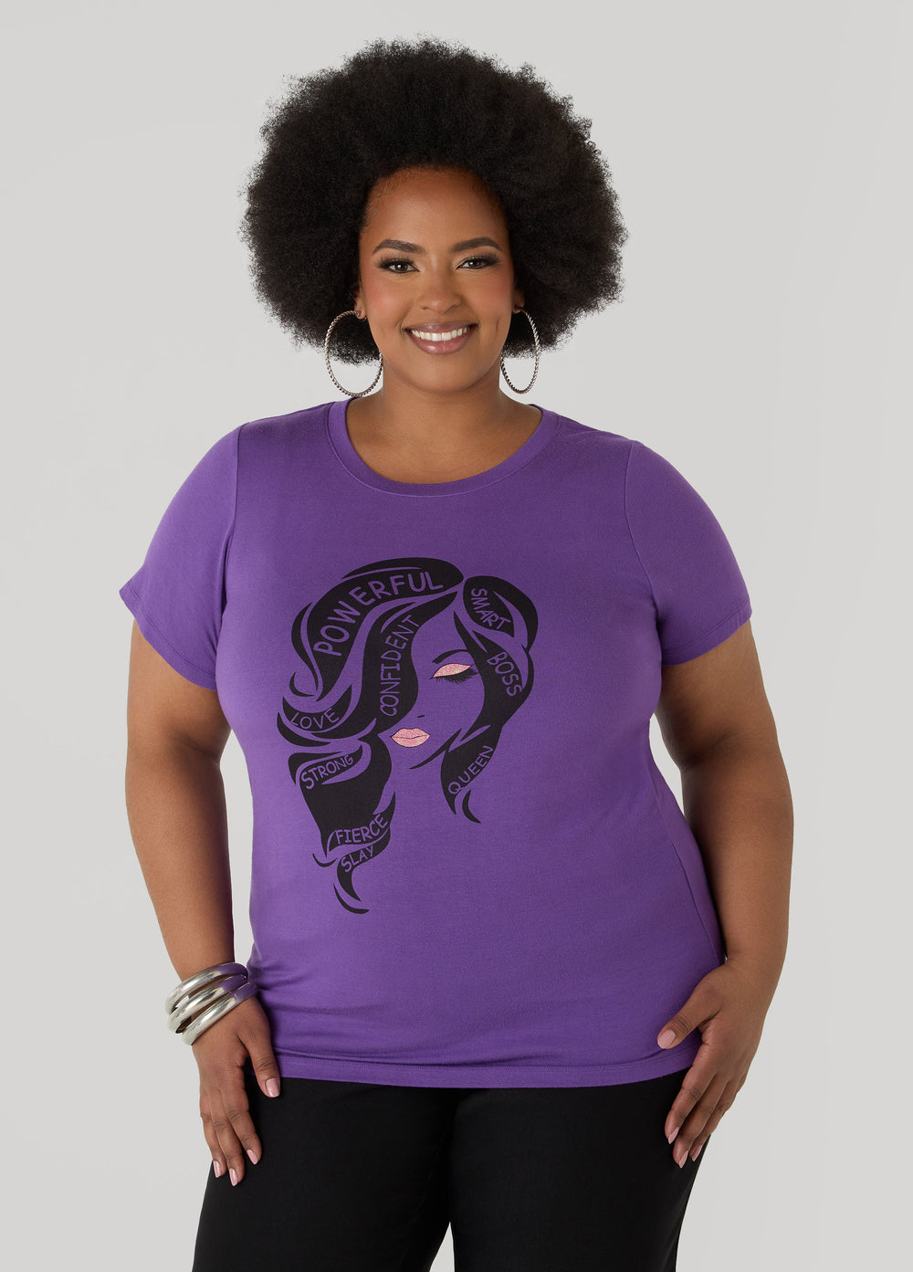 Powerful Glittered Graphic Tee Pansy | Ashley Stewart