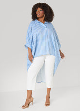 Striped Hi Low Linen Blend Top Blue | Ashley Stewart