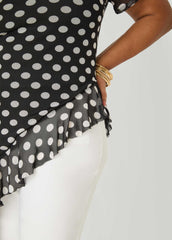 Ruffled Polka Dot Mesh Top Black White | Ashley Stewart