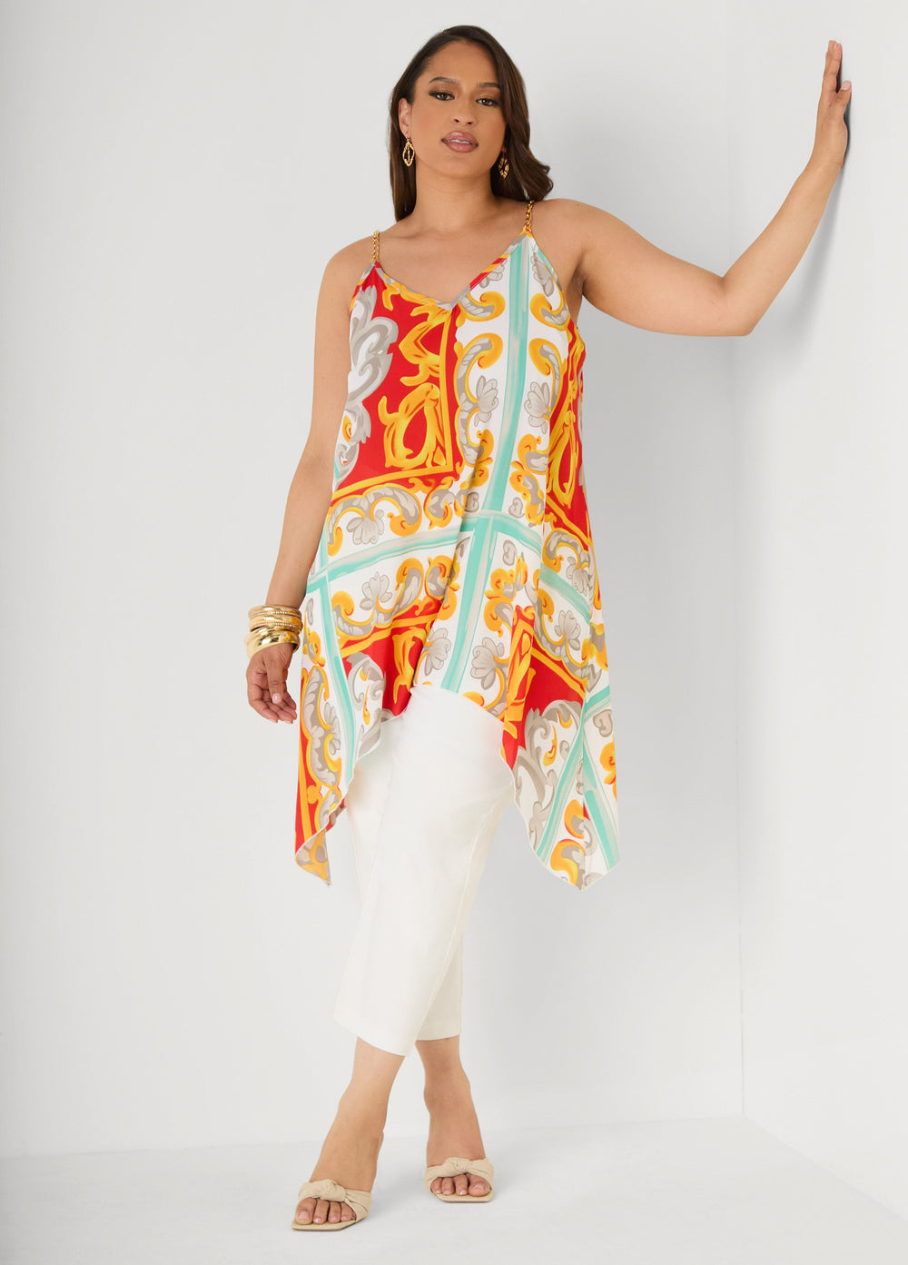 Printed Chain Trimmed Top Poinsettia | Ashley Stewart