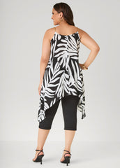 Chain Trimmed Leaf Print Top Black White | Ashley Stewart
