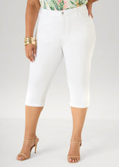 Cuffed Stretch Denim Capris White | Ashley Stewart