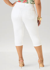 Cuffed Stretch Denim Capris White | Ashley Stewart
