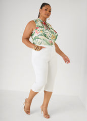 Cuffed Stretch Denim Capris White | Ashley Stewart