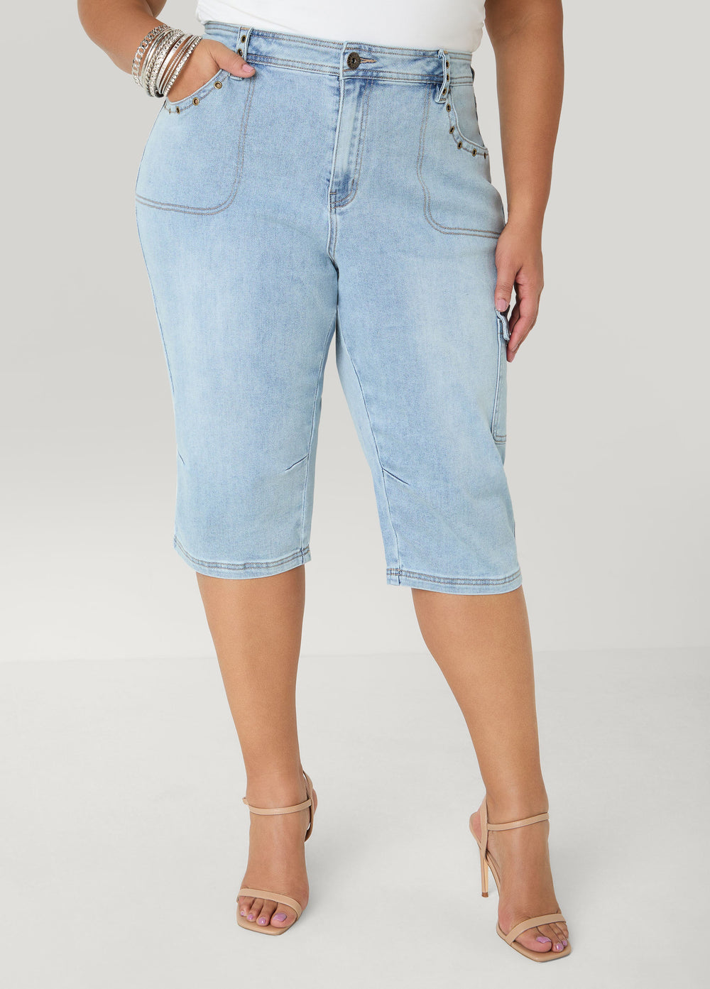 Grommet Denim Capris Denim Blue | Ashley Stewart