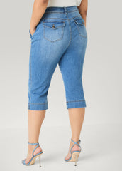 Flap Pocket Seamed Denim Capris Medium Blue | Ashley Stewart