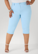 Cuffed Stretch Denim Capris POWDER BLUE | Ashley Stewart
