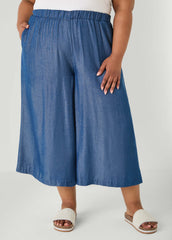 Plus Size Wide-Leg Culottes | High-Rise Midi in Sage, Chambray & Beige Indigo | Ashley Stewart
