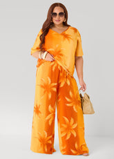 Palm Print Cotton Gauze Pants Persimmon Orange | Ashley Stewart