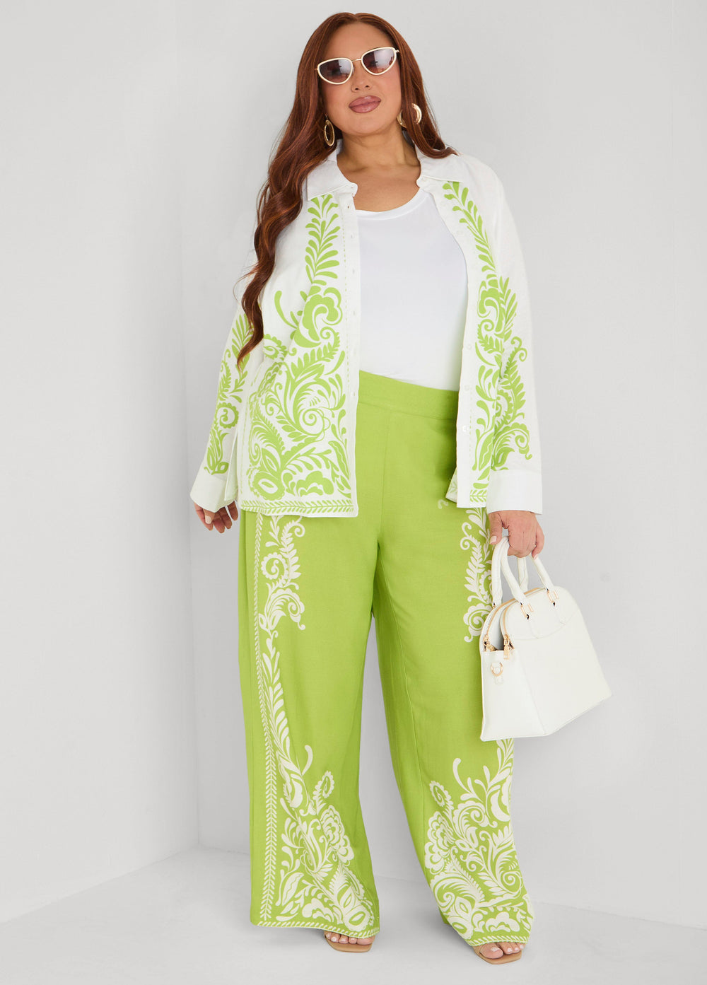 Leaf Print Linen Blend Pants Macaw Green | Ashley Stewart