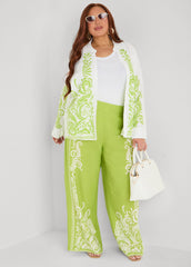 Leaf Print Linen Blend Pants Macaw Green | Ashley Stewart