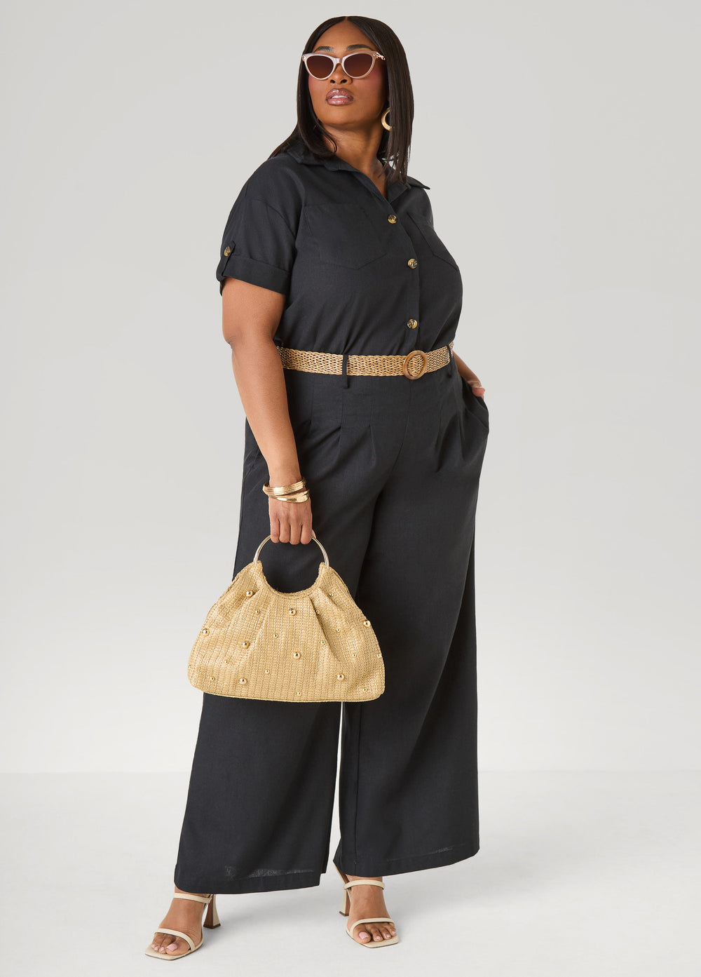 Belted Wide Leg Pants Black | Ashley Stewart