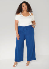 Drawstring Linen Blend Pants Navy Peony | Ashley Stewart