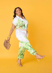 Palm Print Balloon Pants White | Ashley Stewart