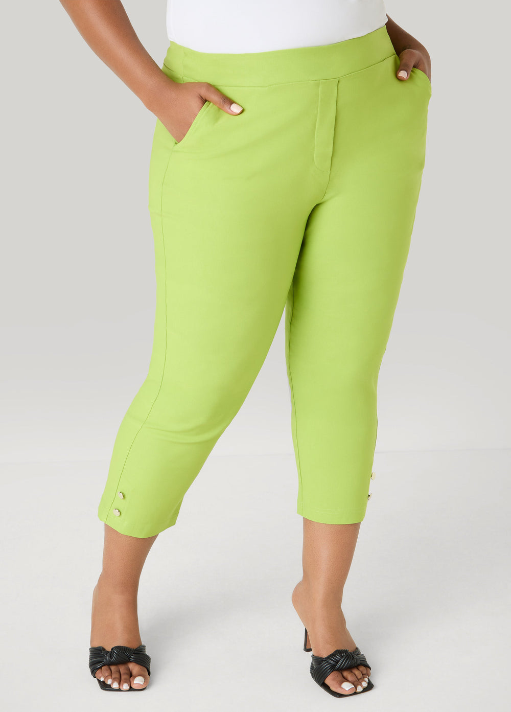 Millennium Button Detail Capris Macaw Green | Ashley Stewart