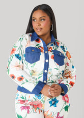 Denim Trimmed Floral Print Jacket White | Ashley Stewart