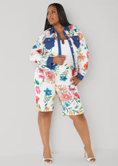 Denim Trimmed Floral Print Jacket White | Ashley Stewart