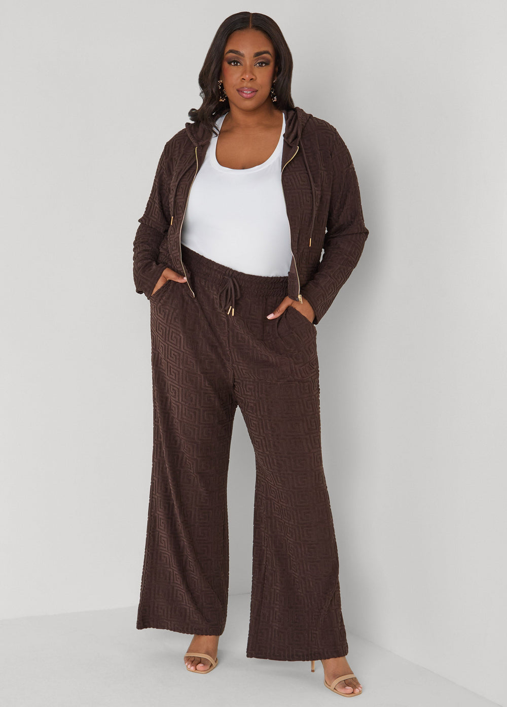 Greek Key Wide Leg Pants Coffee Bean | Ashley Stewart