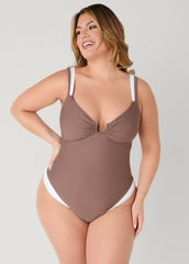 Two Tone U Ring Swimsuit Brown | Ashley Stewart