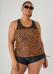 Mesh Paneled Animal Tankini Set Black Animal | Ashley Stewart
