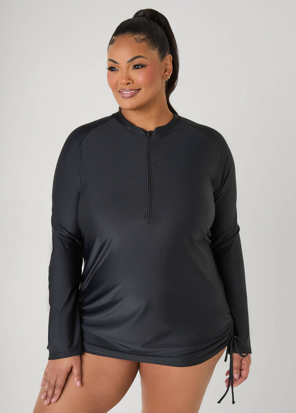 Drawstring Zip Front Cover Up Black | Ashley Stewart
