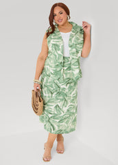 Palm Print Linen Blend Shirt Teal | Ashley Stewart