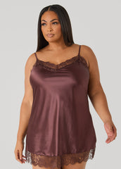 Lace Trimmed Satin Chemise Set Brown | Ashley Stewart