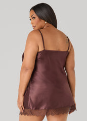 Lace Trimmed Satin Chemise Set Brown | Ashley Stewart